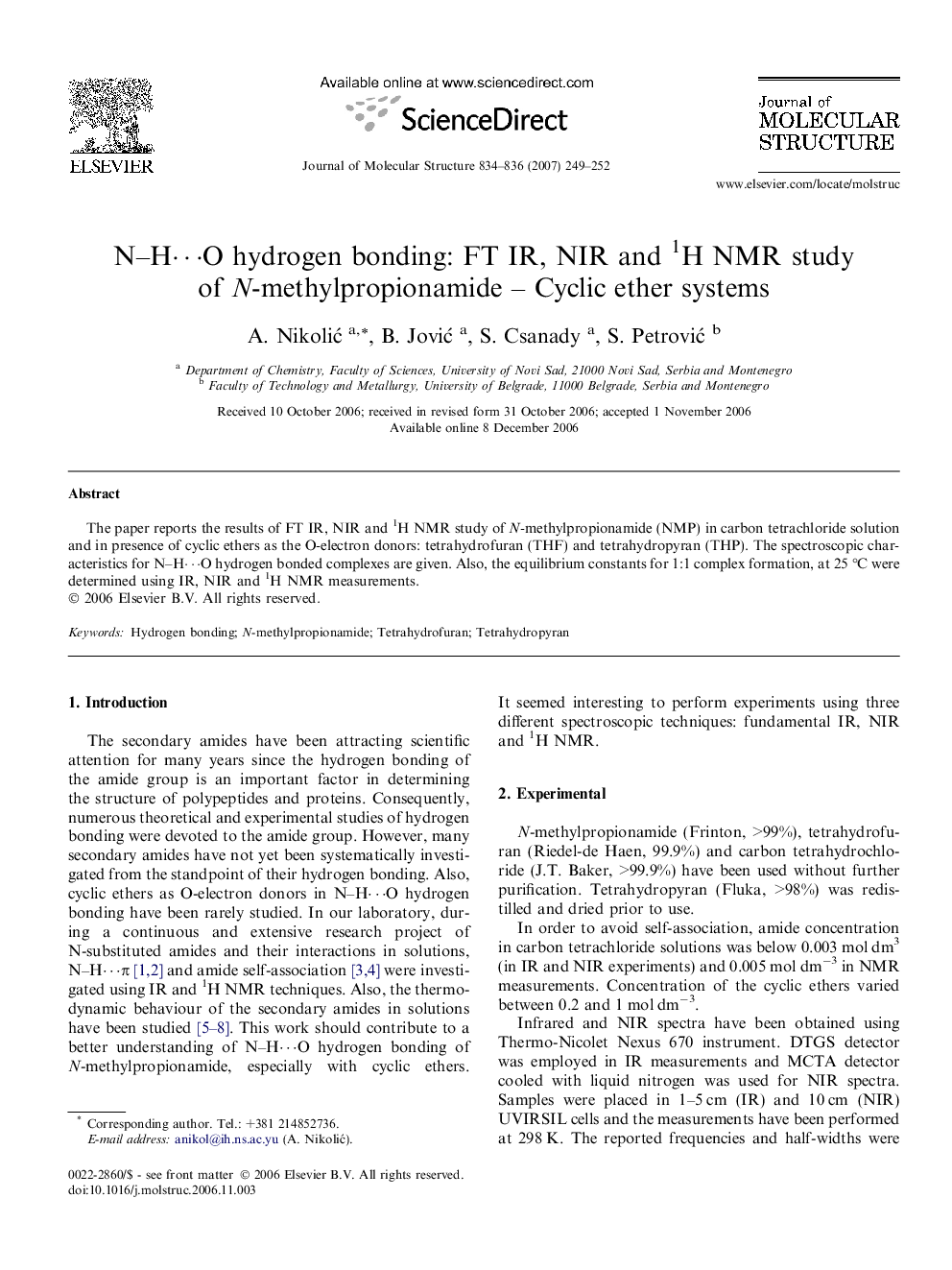 N–H⋯O hydrogen bonding: FT IR, NIR and 1H NMR study of N-methylpropionamide – Cyclic ether systems