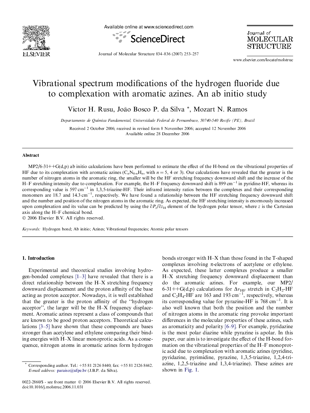 Vibrational spectrum modifications of the hydrogen fluoride due to complexation with aromatic azines. An ab initio study