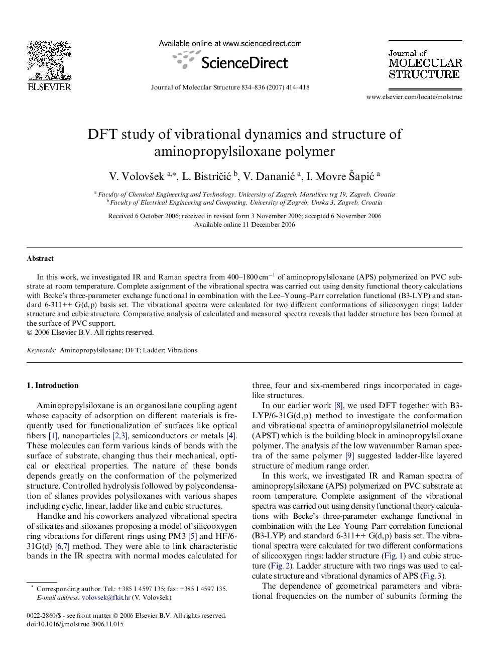 DFT study of vibrational dynamics and structure of aminopropylsiloxane polymer