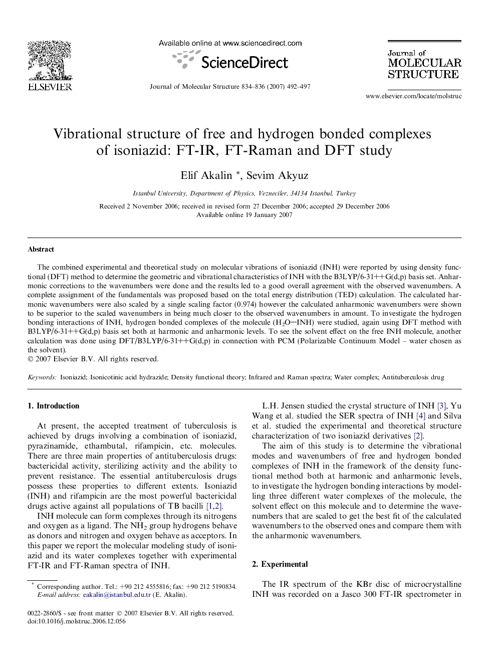 Vibrational structure of free and hydrogen bonded complexes of isoniazid: FT-IR, FT-Raman and DFT study