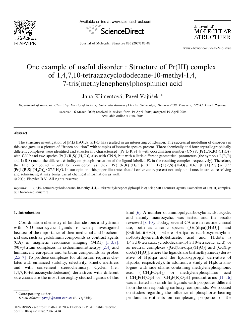 One example of useful disorder : Structure of Pr(III) complex of 1,4,7,10-tetraazacyclododecane-10-methyl-1,4,7-tris(methylenephenylphosphinic) acid