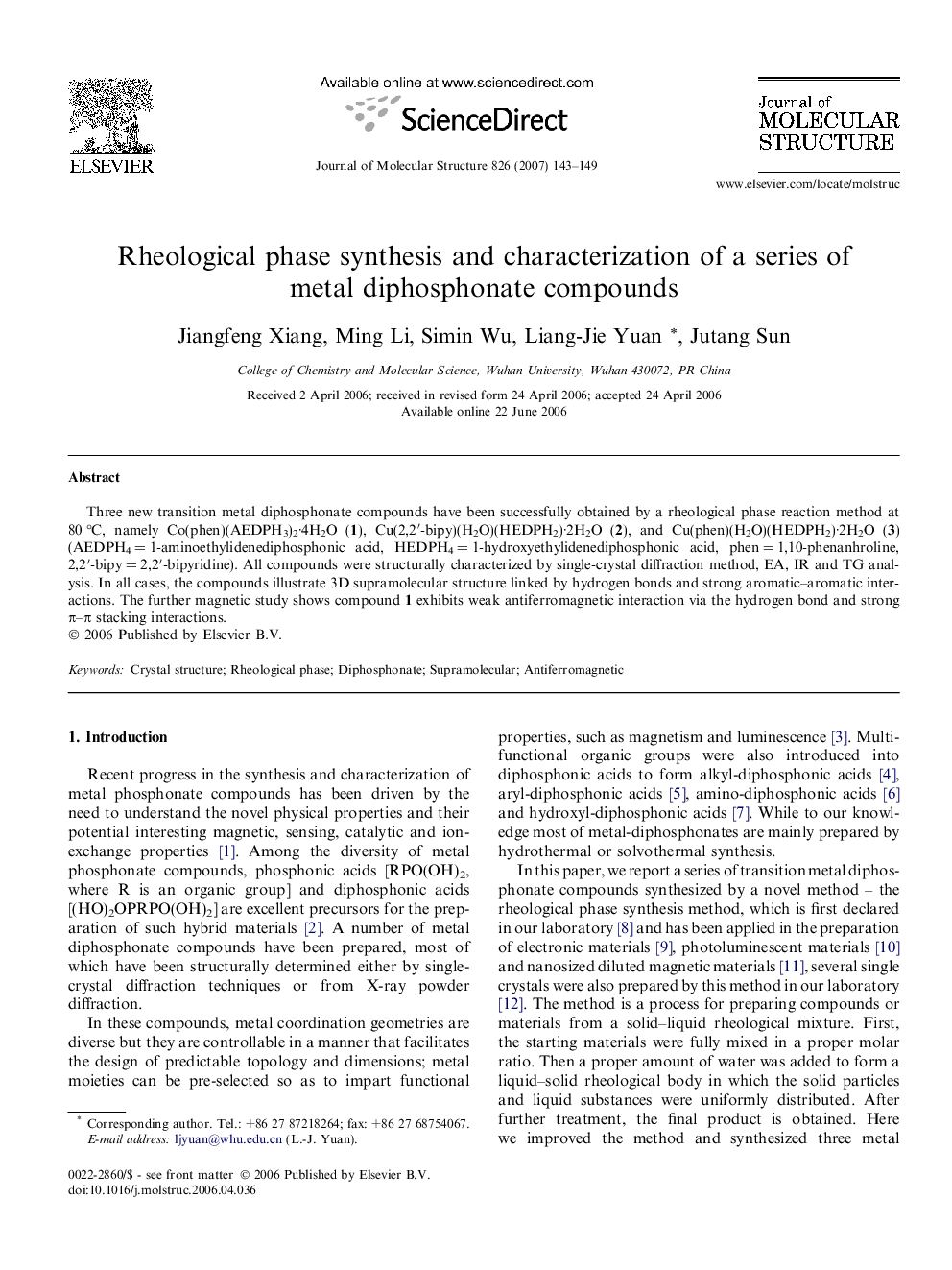 Rheological phase synthesis and characterization of a series of metal diphosphonate compounds