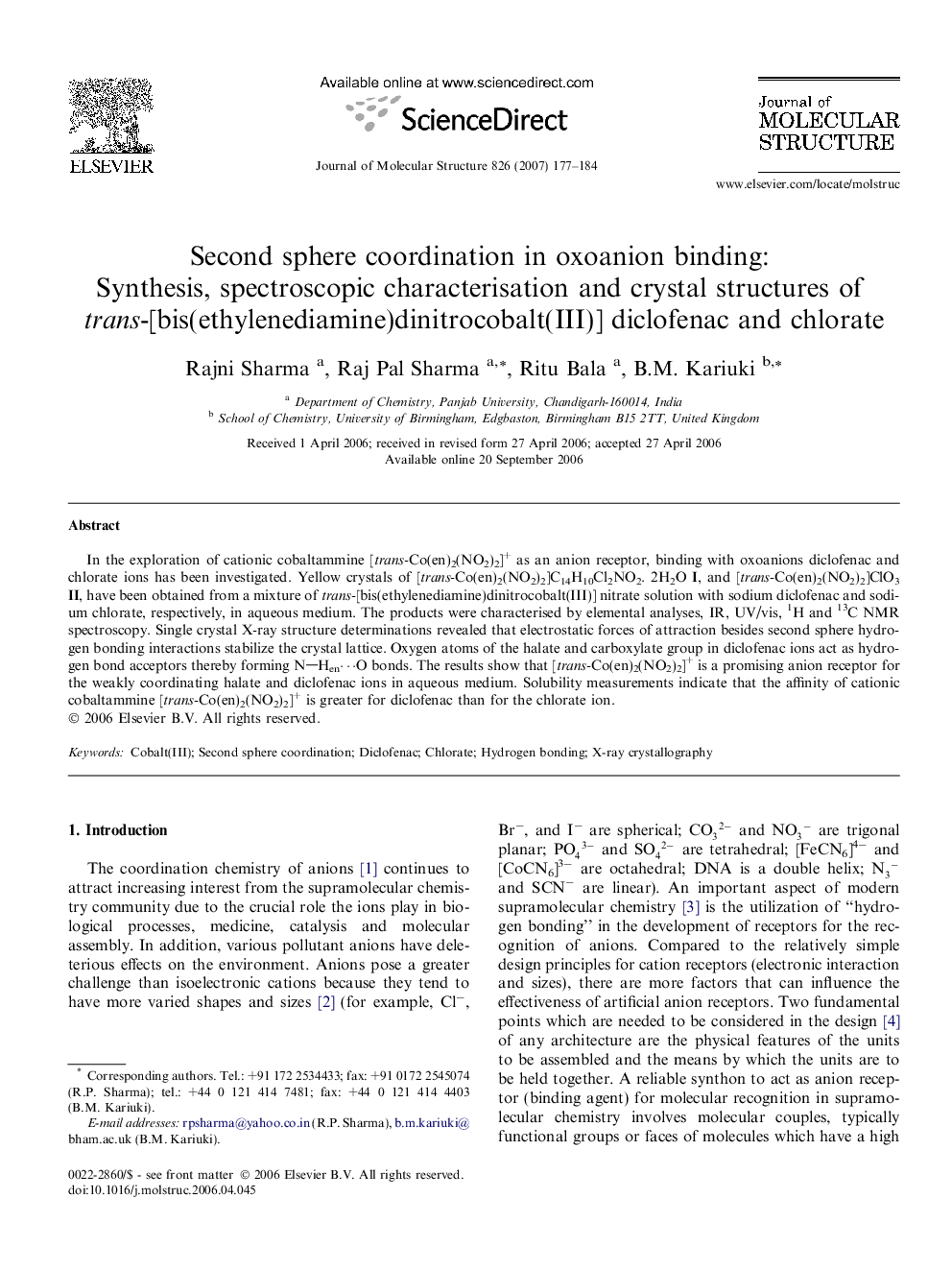 Second sphere coordination in oxoanion binding: Synthesis, spectroscopic characterisation and crystal structures of trans-[bis(ethylenediamine)dinitrocobalt(III)] diclofenac and chlorate