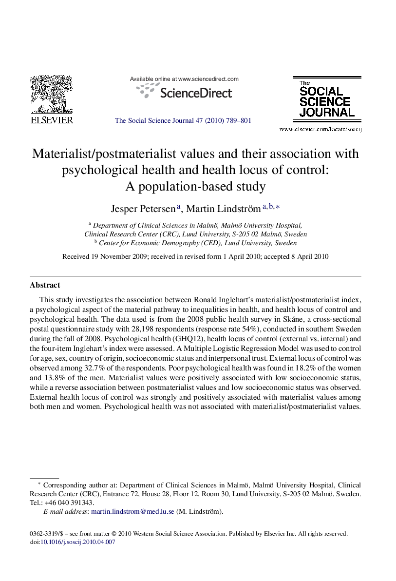 Materialist/postmaterialist values and their association with psychological health and health locus of control: A population-based study