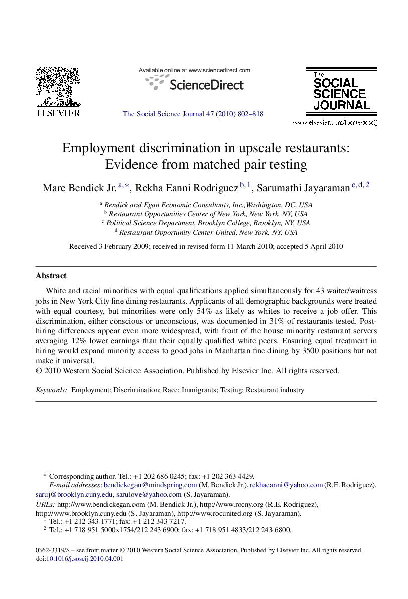 Employment discrimination in upscale restaurants: Evidence from matched pair testing