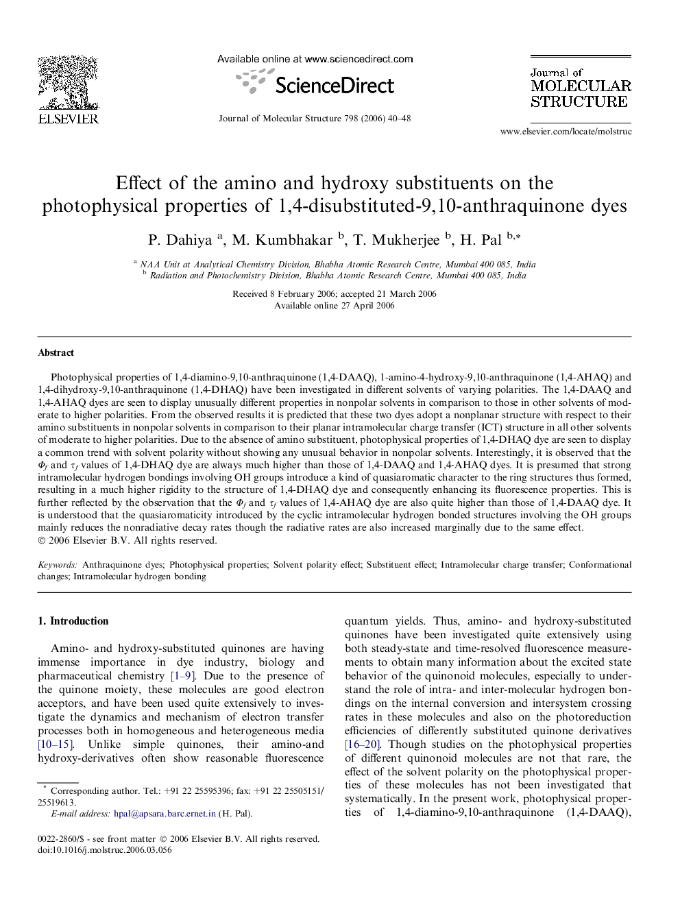 Effect of the amino and hydroxy substituents on the photophysical properties of 1,4-disubstituted-9,10-anthraquinone dyes