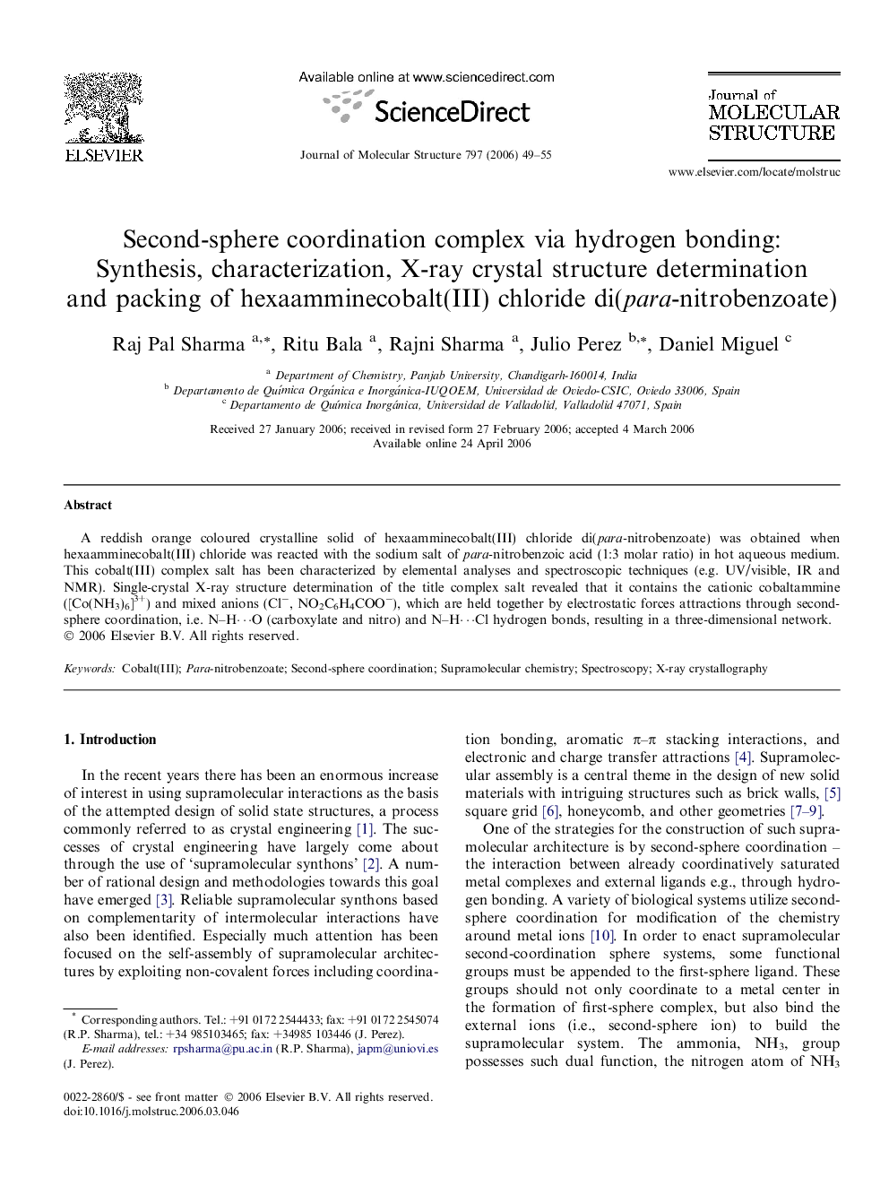 Second-sphere coordination complex via hydrogen bonding: Synthesis, characterization, X-ray crystal structure determination and packing of hexaamminecobalt(III) chloride di(para-nitrobenzoate)