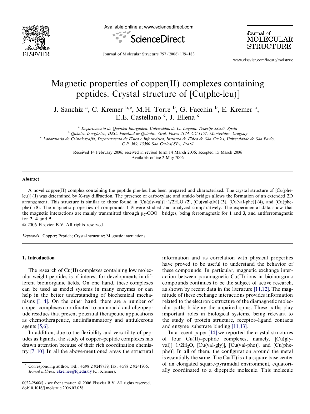 Magnetic properties of copper(II) complexes containing peptides. Crystal structure of [Cu(phe-leu)]