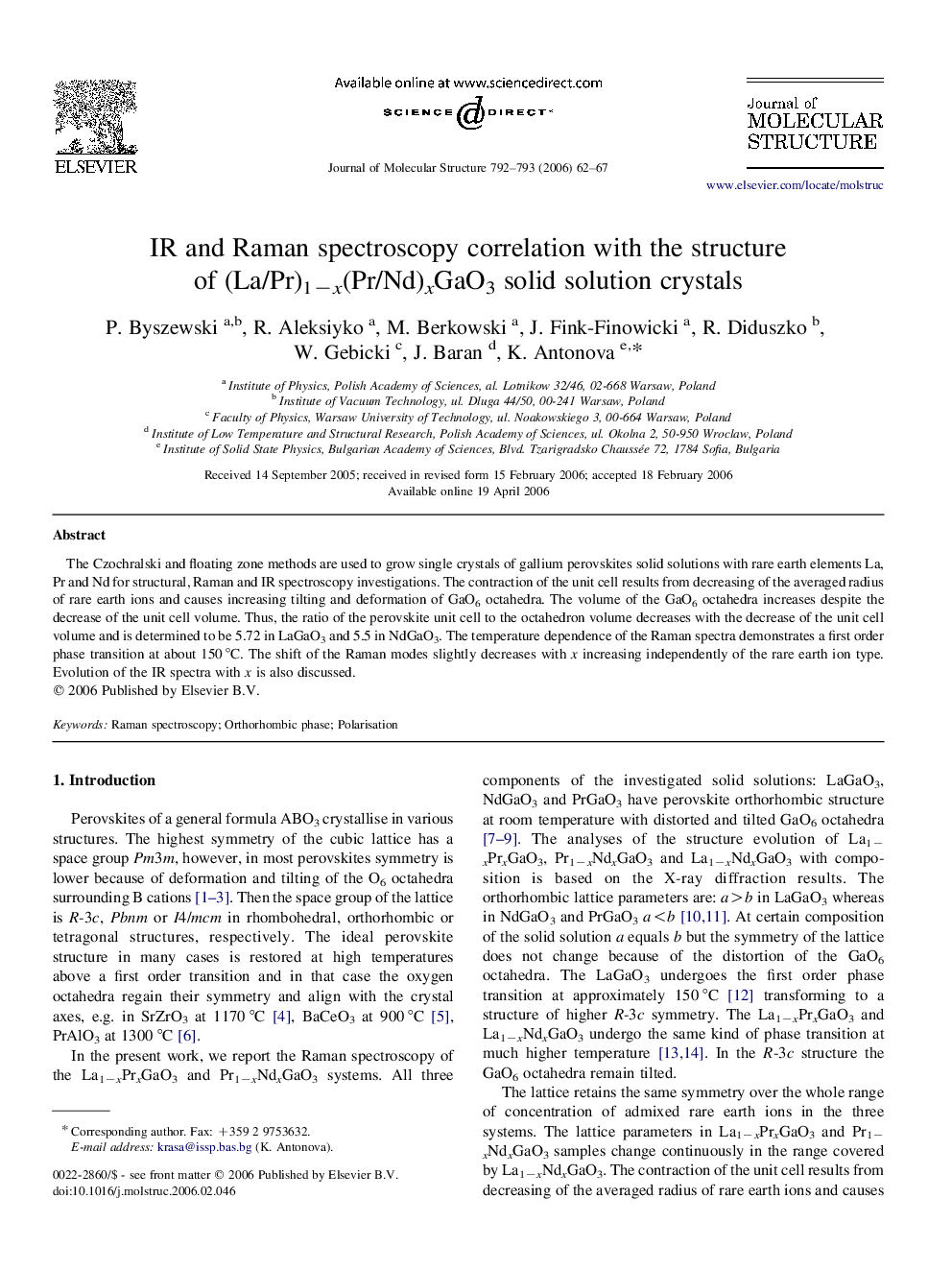 IR and Raman spectroscopy correlation with the structure of (La/Pr)1âx(Pr/Nd)xGaO3 solid solution crystals