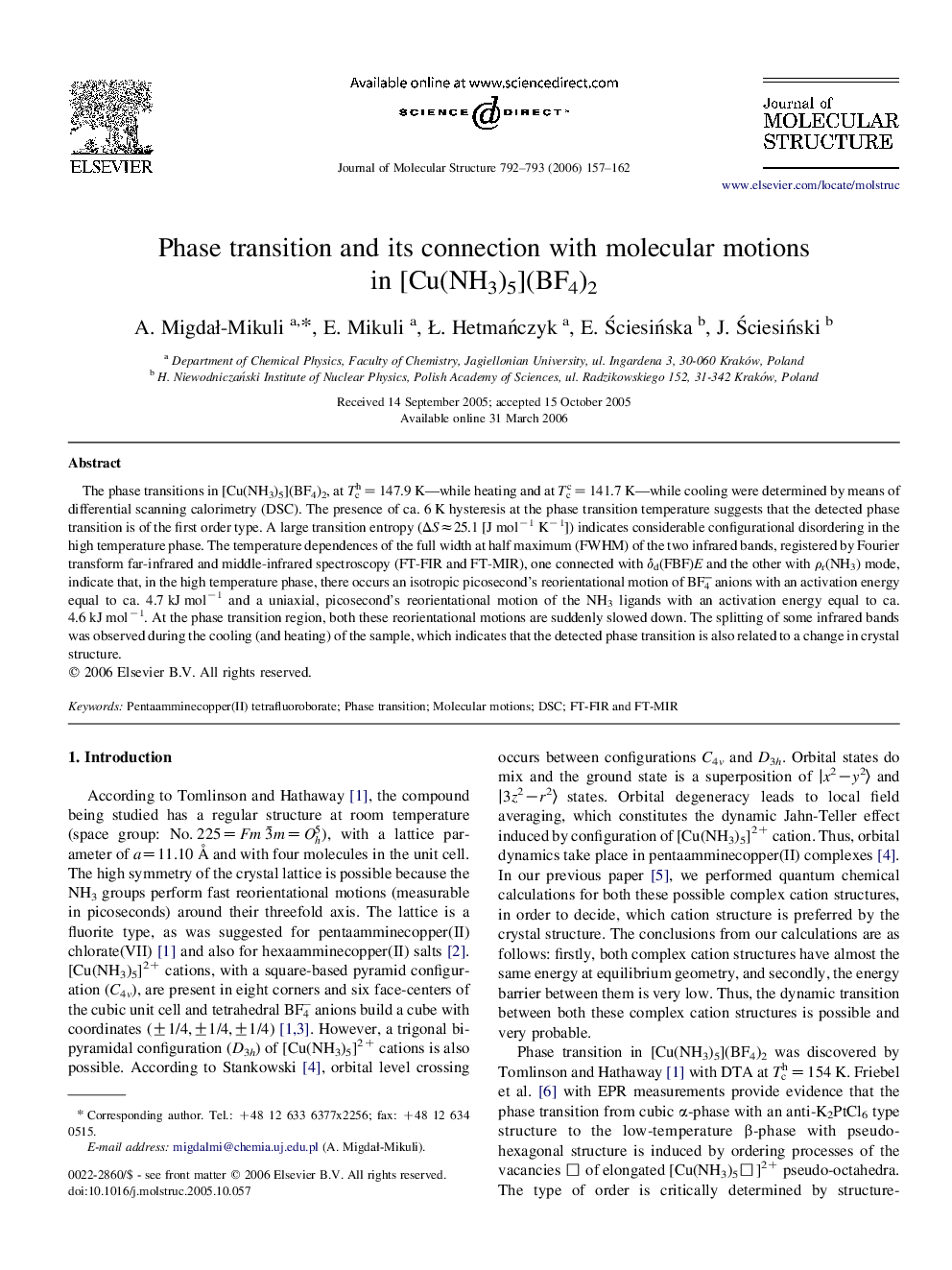 Phase transition and its connection with molecular motions in [Cu(NH3)5](BF4)2