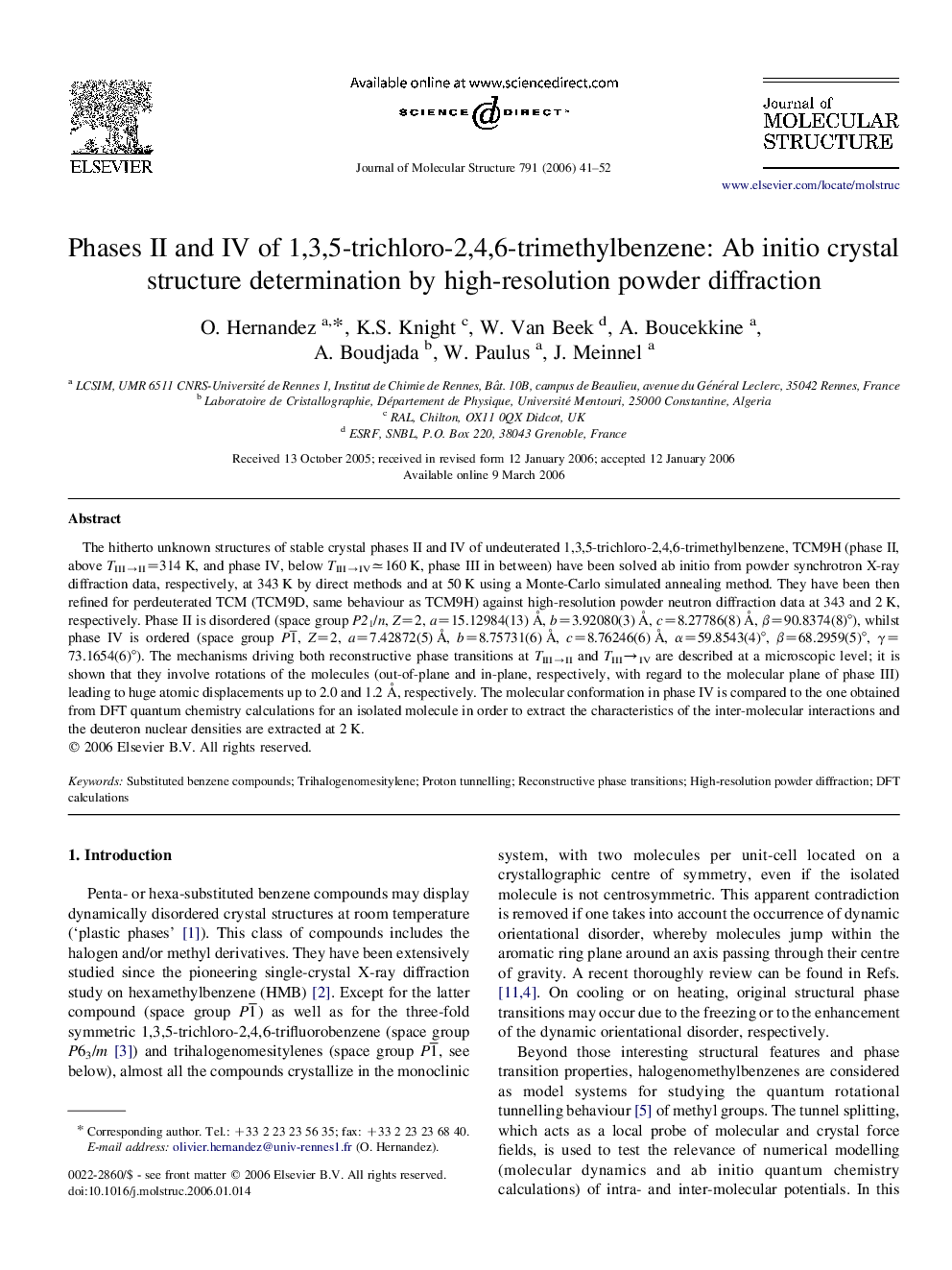 Phases II and IV of 1,3,5-trichloro-2,4,6-trimethylbenzene: Ab initio crystal structure determination by highâresolution powder diffraction