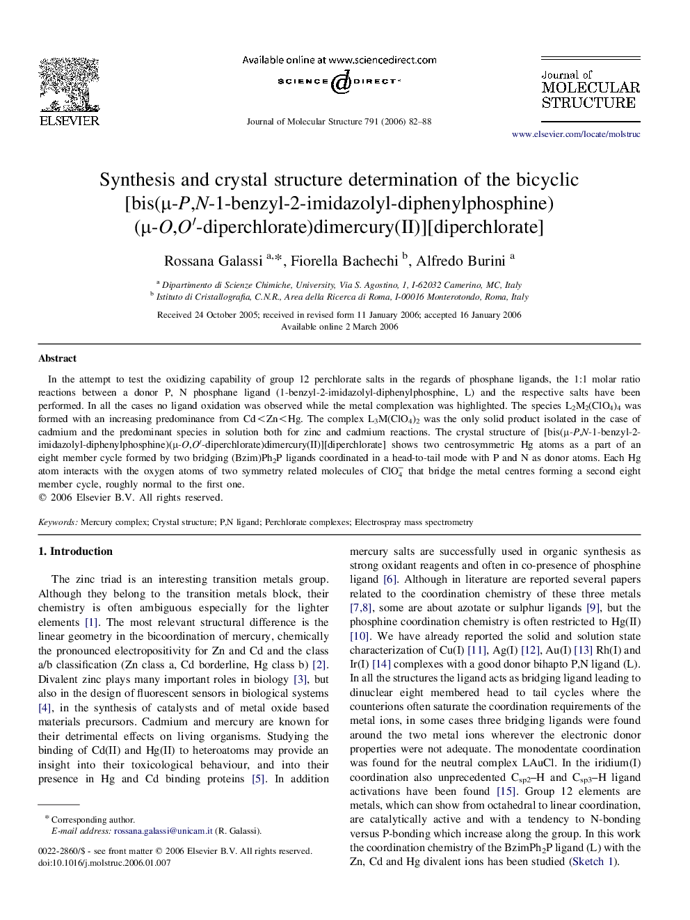Synthesis and crystal structure determination of the bicyclic [bis(Î¼-P,N-1-benzyl-2-imidazolyl-diphenylphosphine) (Î¼-O,Oâ²-diperchlorate)dimercury(II)][diperchlorate]
