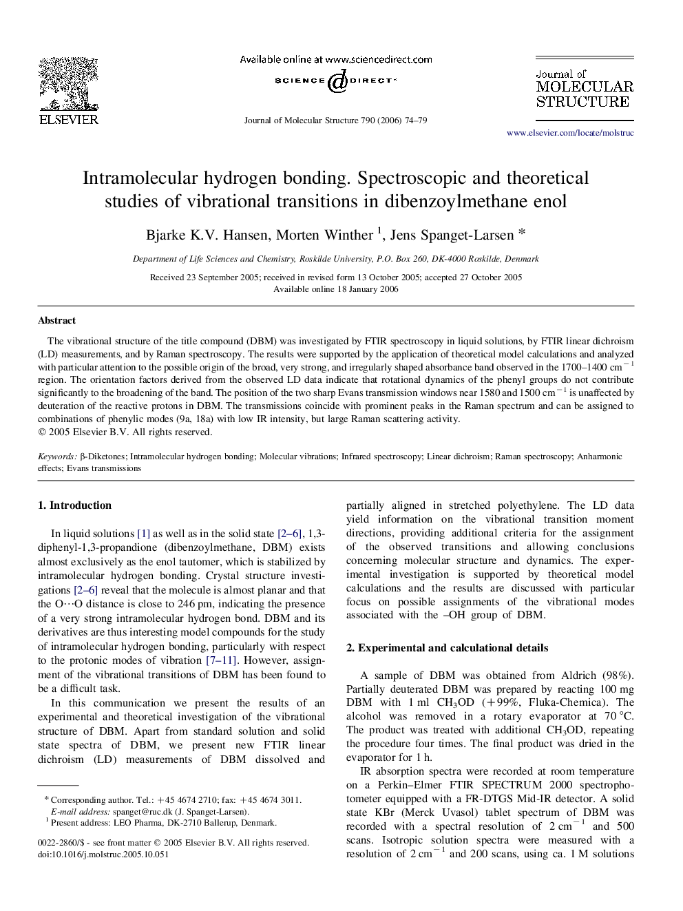 Intramolecular hydrogen bonding. Spectroscopic and theoretical studies of vibrational transitions in dibenzoylmethane enol