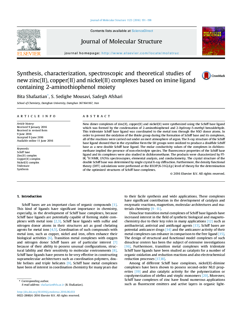 Synthesis, characterization, spectroscopic and theoretical studies of new zinc(II), copper(II) and nickel(II) complexes based on imine ligand containing 2-aminothiophenol moiety