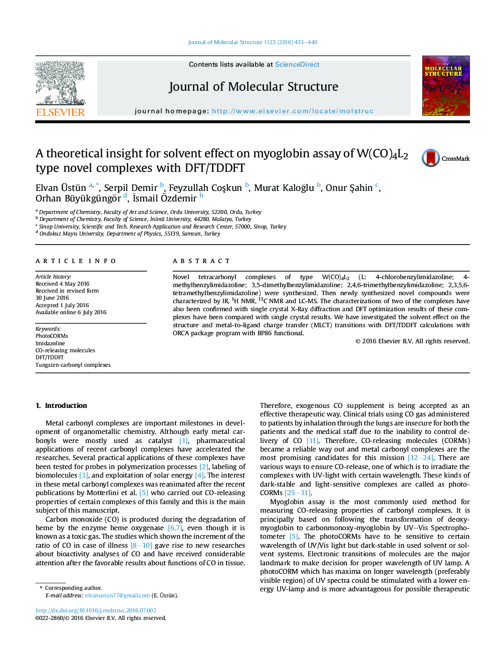 A theoretical insight for solvent effect on myoglobin assay of W(CO)4L2 type novel complexes with DFT/TDDFT