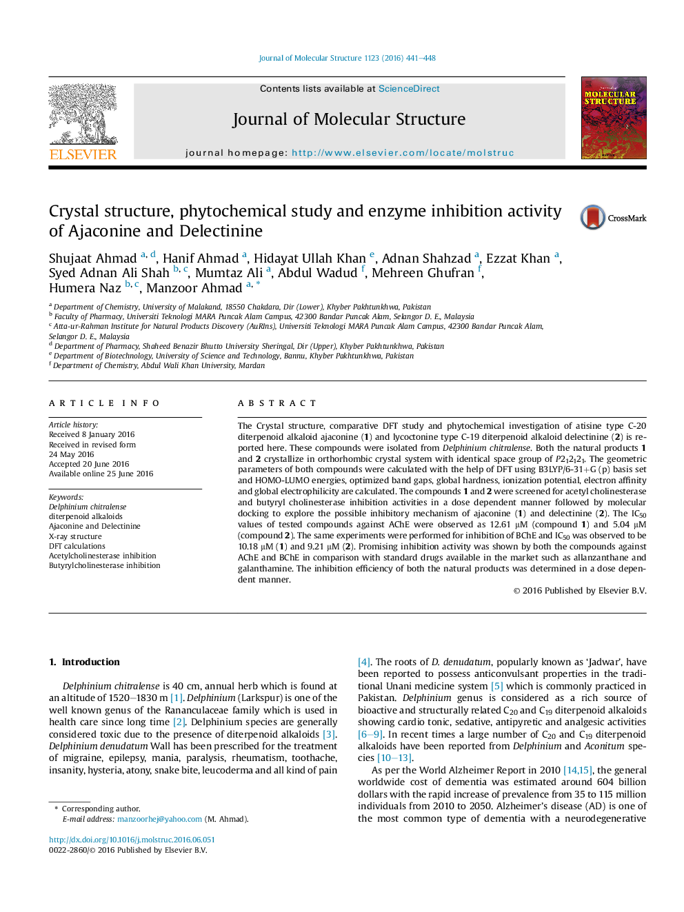 Crystal structure, phytochemical study and enzyme inhibition activity of Ajaconine and Delectinine