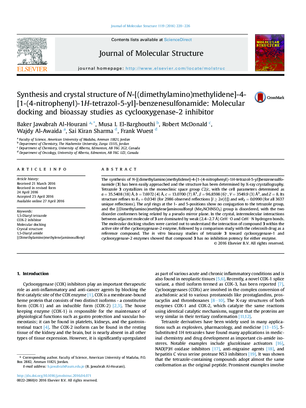 Synthesis and crystal structure of N-[(dimethylamino)methylidene]-4-[1-(4-nitrophenyl)-1H-tetrazol-5-yl]-benzenesulfonamide: Molecular docking and bioassay studies as cyclooxygenase-2 inhibitor