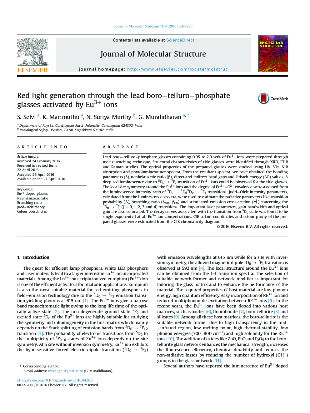 Red light generation through the lead boro−telluro−phosphate glasses activated by Eu3+ ions