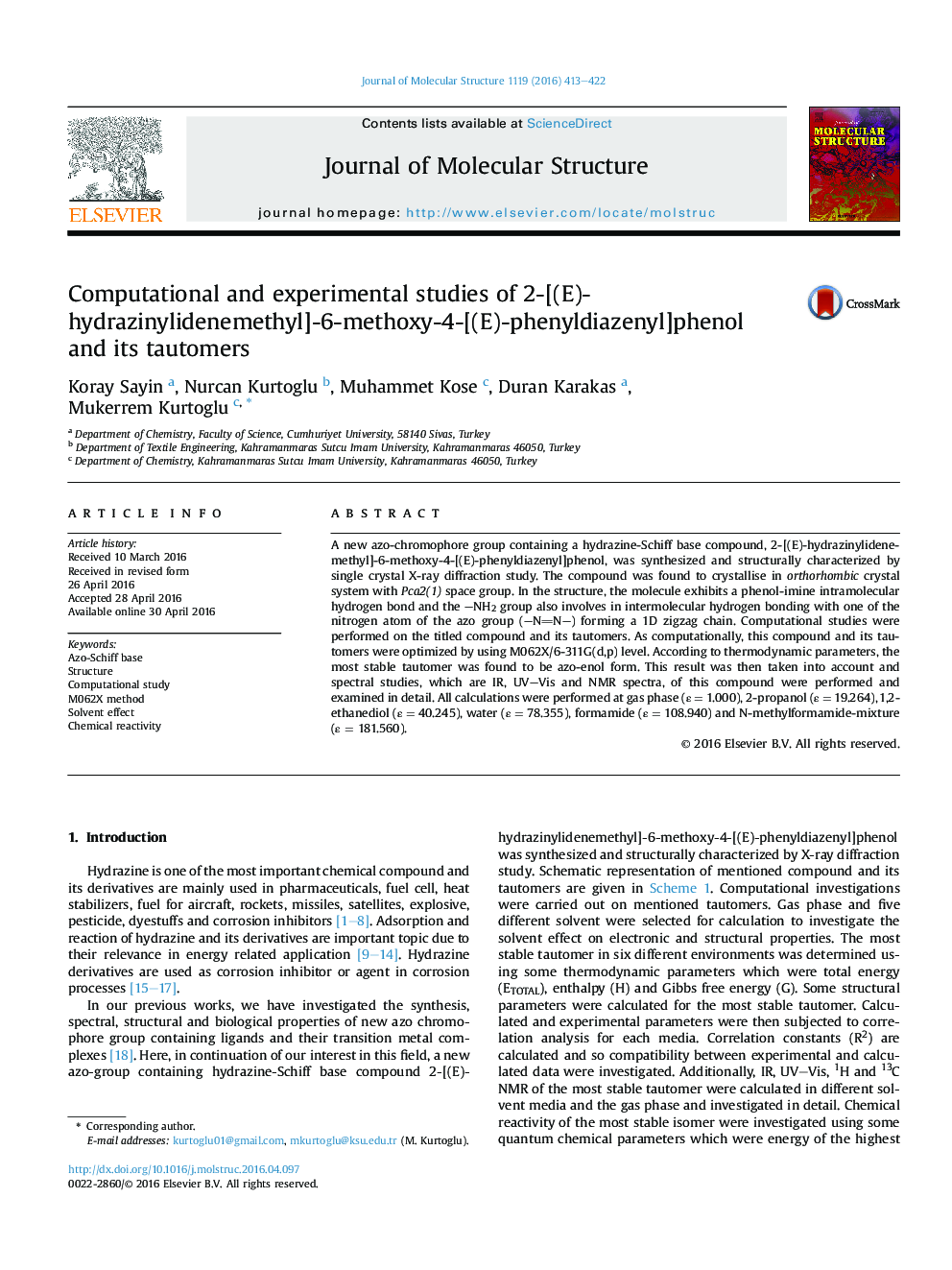 Computational and experimental studies of 2-[(E)-hydrazinylidenemethyl]-6-methoxy-4-[(E)-phenyldiazenyl]phenol and its tautomers