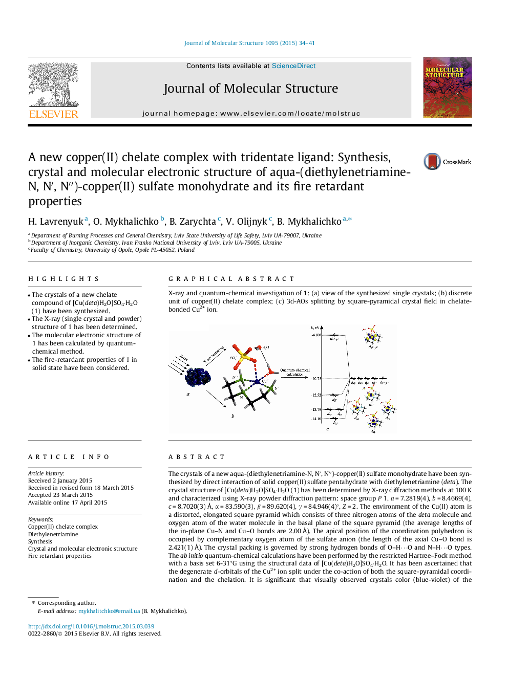 A new copper(II) chelate complex with tridentate ligand: Synthesis, crystal and molecular electronic structure of aqua-(diethylenetriamine-N, N′, N′′)-copper(II) sulfate monohydrate and its fire retardant properties