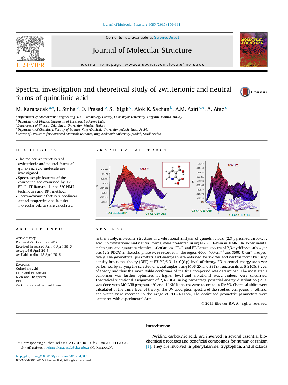 Spectral investigation and theoretical study of zwitterionic and neutral forms of quinolinic acid