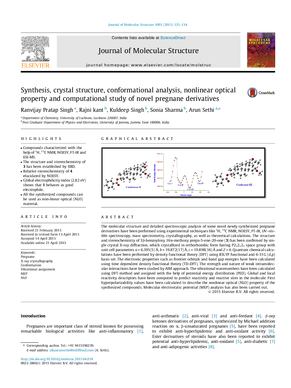 Synthesis, crystal structure, conformational analysis, nonlinear optical property and computational study of novel pregnane derivatives