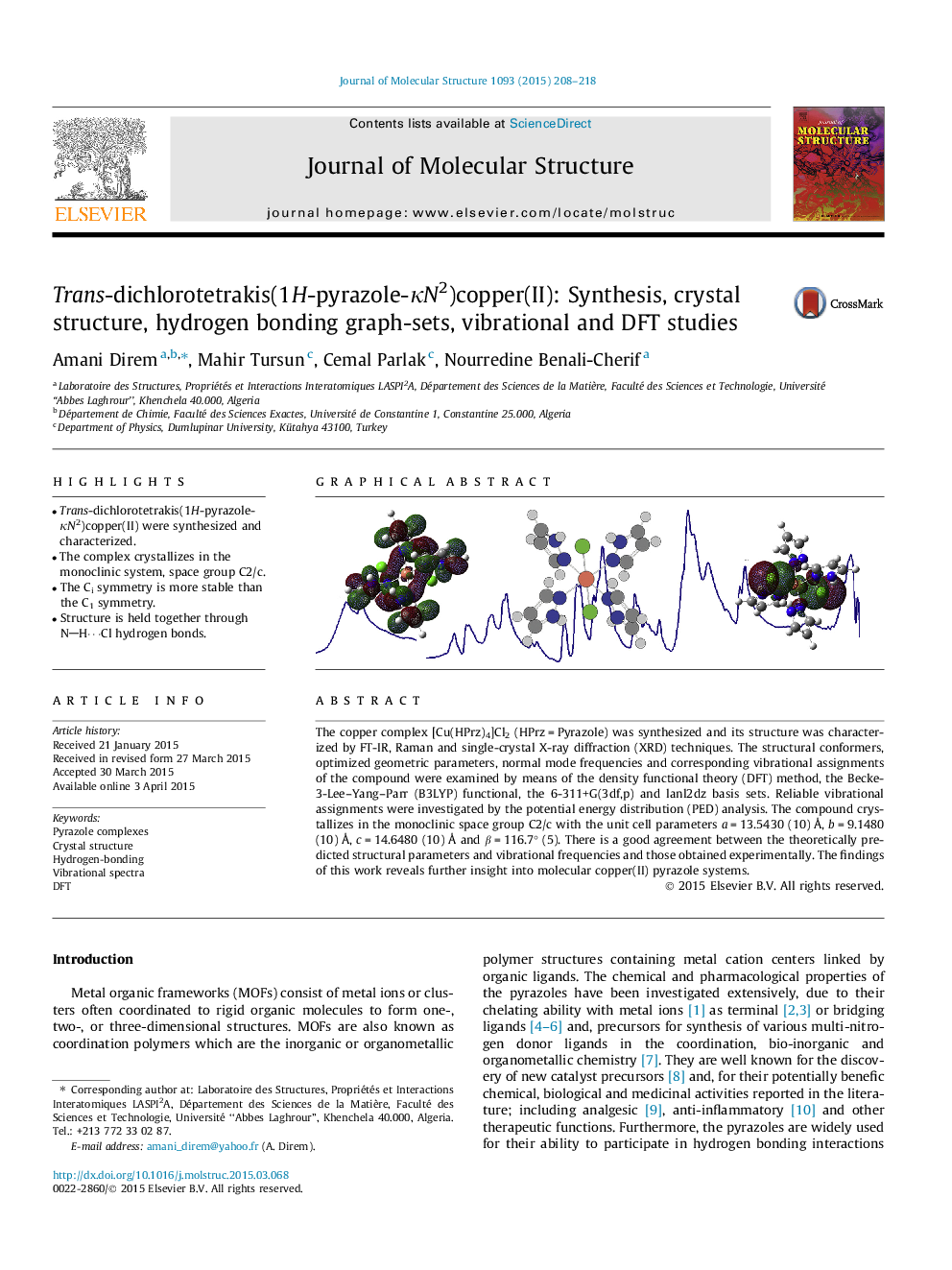 Trans-dichlorotetrakis(1H-pyrazole-κN2)copper(II): Synthesis, crystal structure, hydrogen bonding graph-sets, vibrational and DFT studies