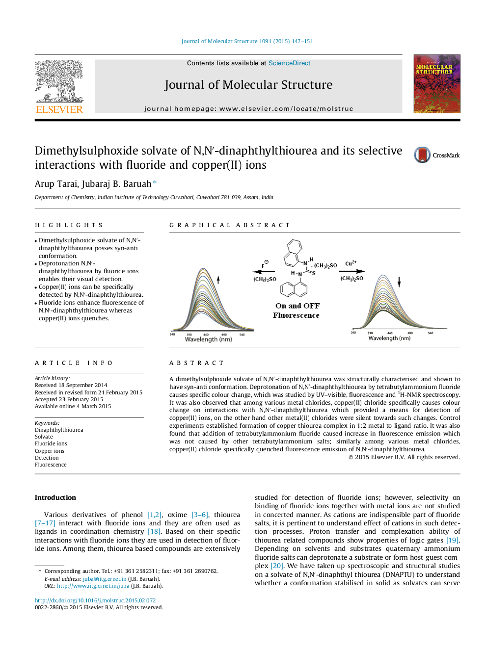 Dimethylsulphoxide solvate of N,N′-dinaphthylthiourea and its selective interactions with fluoride and copper(II) ions