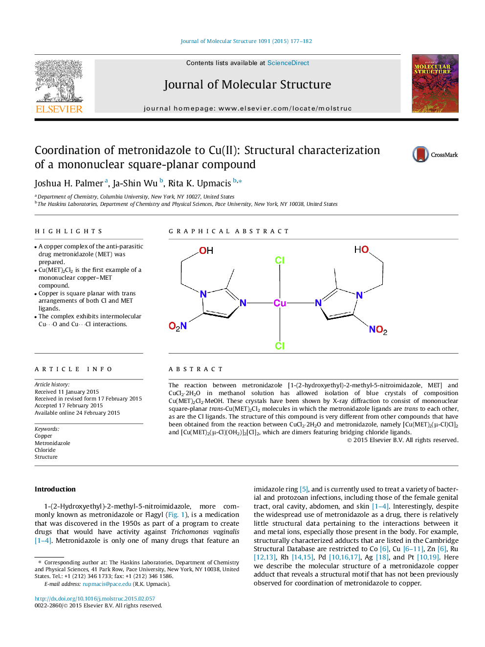 Coordination of metronidazole to Cu(II): Structural characterization of a mononuclear square-planar compound