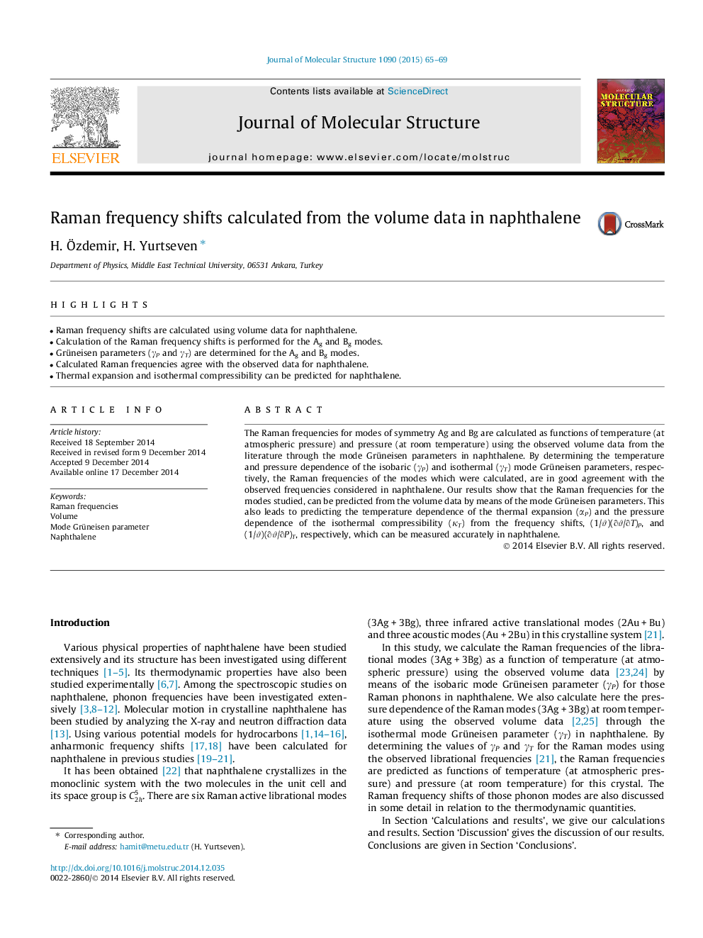 Raman frequency shifts calculated from the volume data in naphthalene