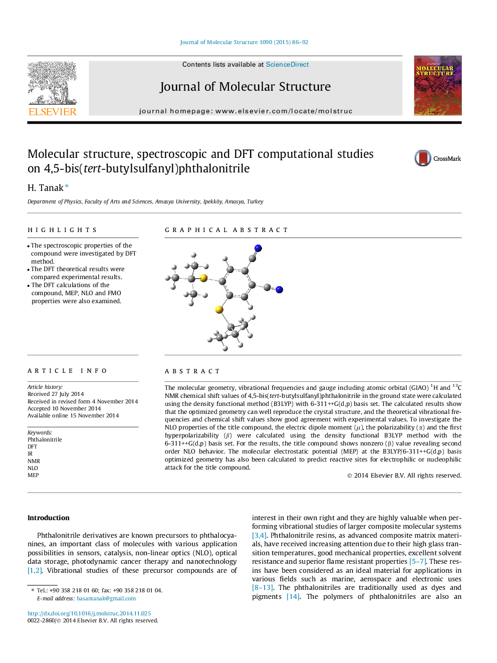 Molecular structure, spectroscopic and DFT computational studies on 4,5-bis(tert-butylsulfanyl)phthalonitrile