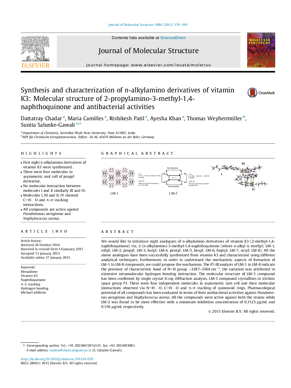 Synthesis and characterization of n-alkylamino derivatives of vitamin K3: Molecular structure of 2-propylamino-3-methyl-1,4-naphthoquinone and antibacterial activities