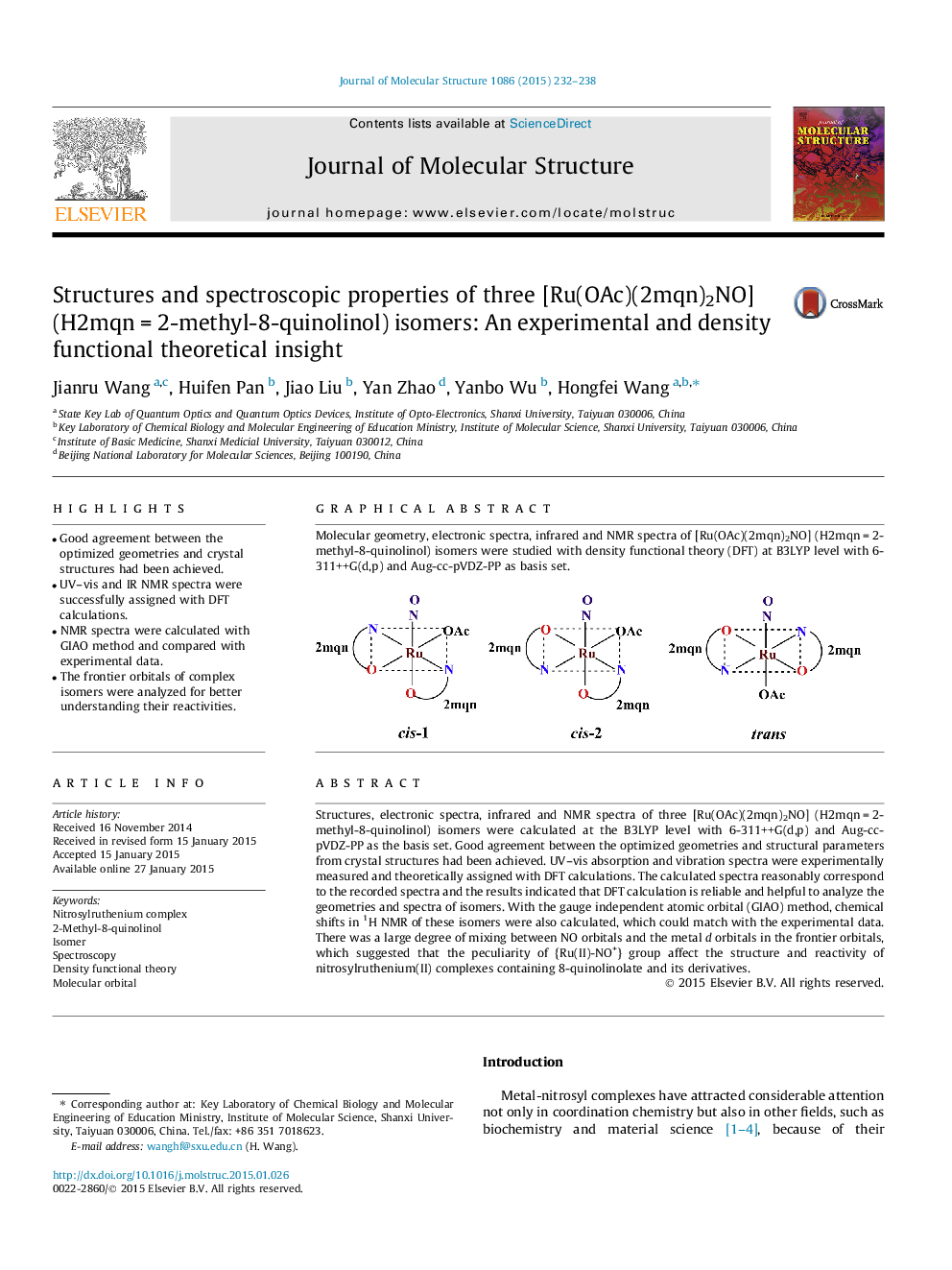 Structures and spectroscopic properties of three [Ru(OAc)(2mqn)2NO] (H2mqn = 2-methyl-8-quinolinol) isomers: An experimental and density functional theoretical insight