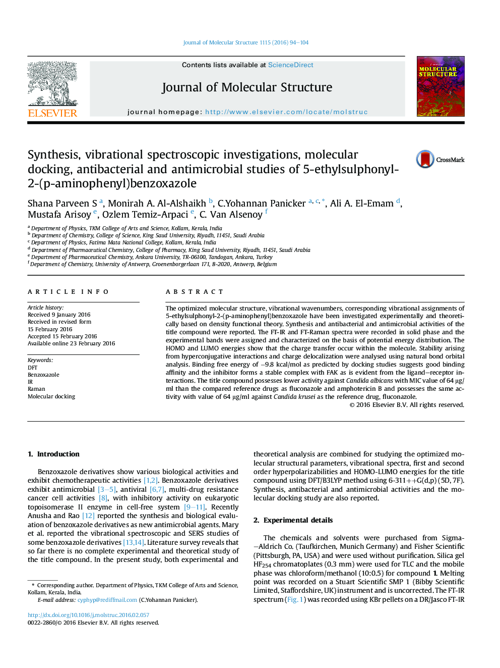 Synthesis, vibrational spectroscopic investigations, molecular docking, antibacterial and antimicrobial studies of 5-ethylsulphonyl-2-(p-aminophenyl)benzoxazole