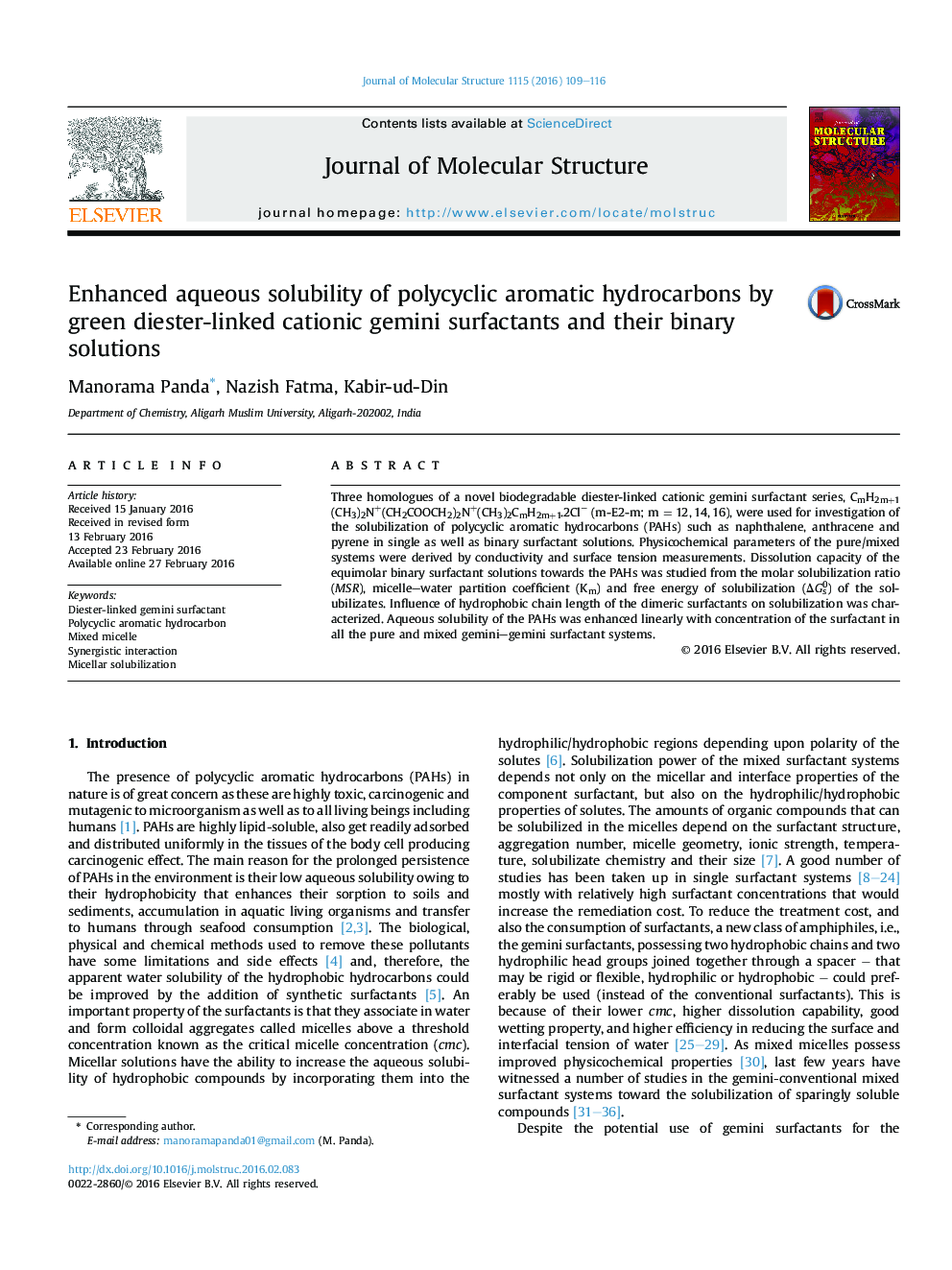 Enhanced aqueous solubility of polycyclic aromatic hydrocarbons by green diester-linked cationic gemini surfactants and their binary solutions