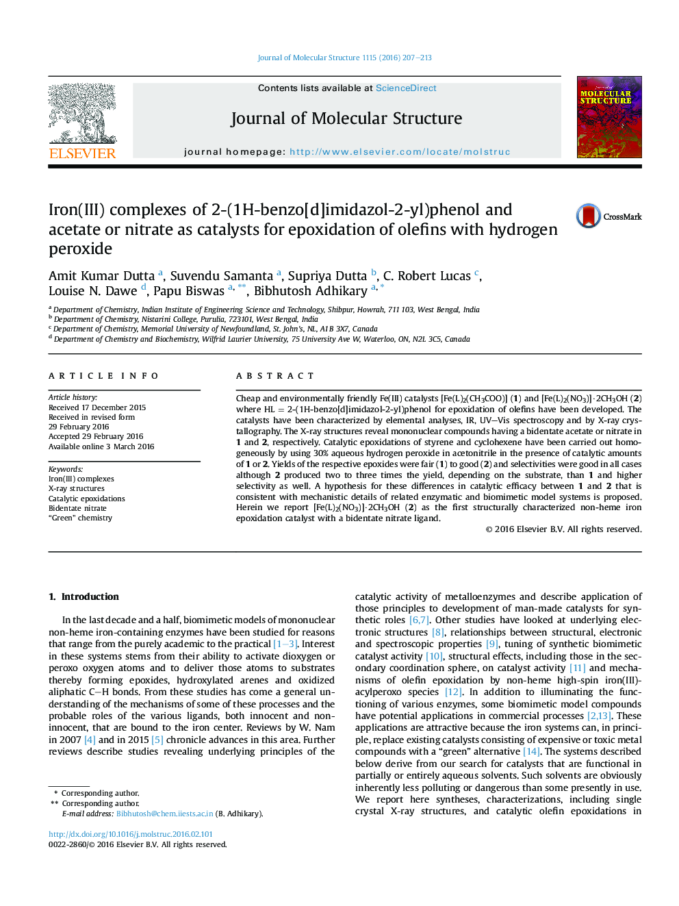 Iron(III) complexes of 2-(1H-benzo[d]imidazol-2-yl)phenol and acetate or nitrate as catalysts for epoxidation of olefins with hydrogen peroxide