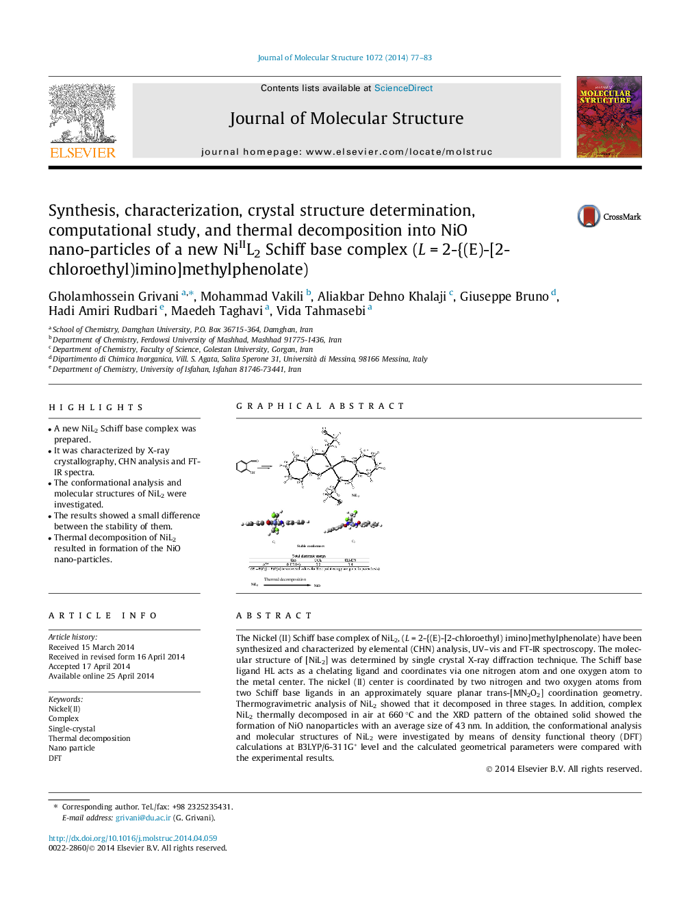 Synthesis, characterization, crystal structure determination, computational study, and thermal decomposition into NiO nano-particles of a new NiIIL2 Schiff base complex (L = 2-{(E)-[2-chloroethyl)imino]methylphenolate)