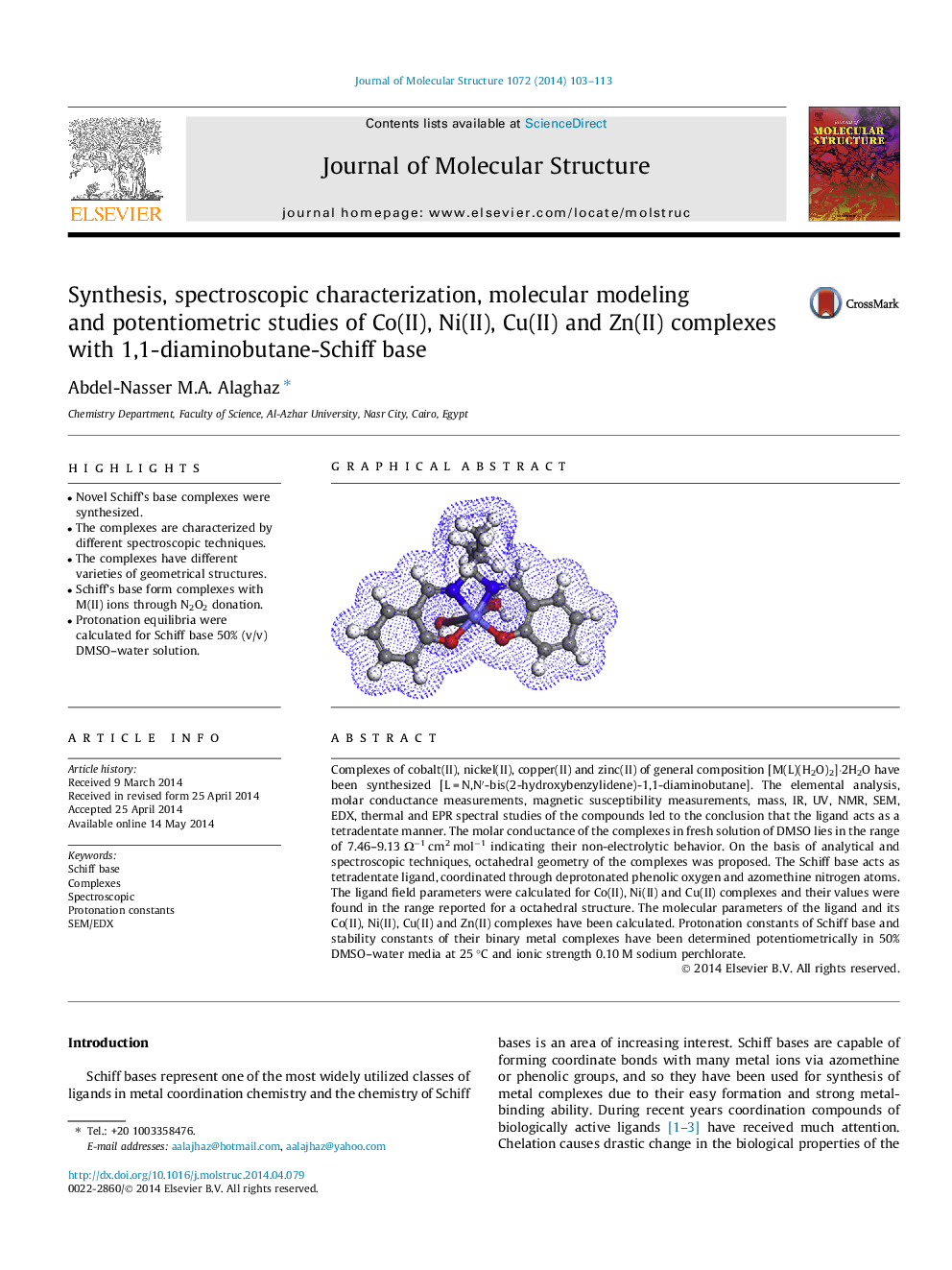 Synthesis, spectroscopic characterization, molecular modeling and potentiometric studies of Co(II), Ni(II), Cu(II) and Zn(II) complexes with 1,1-diaminobutane-Schiff base