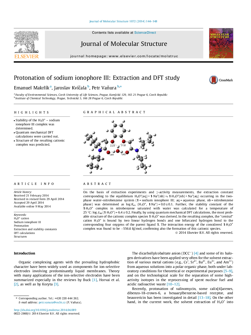 Protonation of sodium ionophore III: Extraction and DFT study