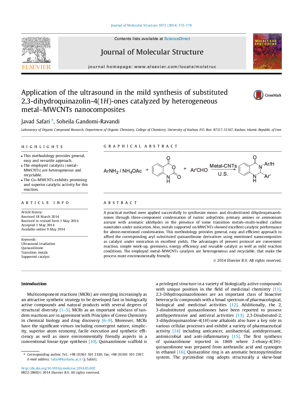 Application of the ultrasound in the mild synthesis of substituted 2,3-dihydroquinazolin-4(1H)-ones catalyzed by heterogeneous metal–MWCNTs nanocomposites