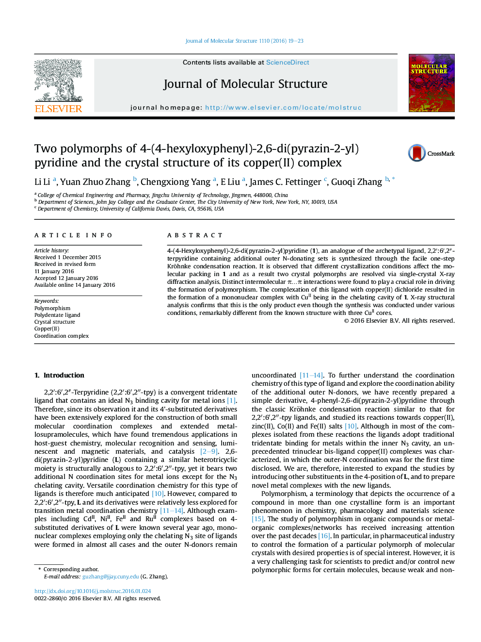 Two polymorphs of 4-(4-hexyloxyphenyl)-2,6-di(pyrazin-2-yl)pyridine and the crystal structure of its copper(II) complex