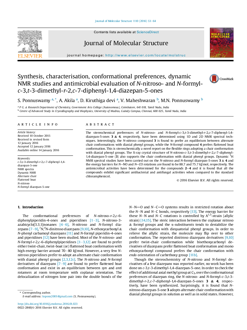 Synthesis, characterisation, conformational preferences, dynamic NMR studies and antimicrobial evaluation of N-nitroso- and N-formyl-c-3,t-3-dimethyl-r-2,c-7-diphenyl-1,4-diazepan-5-ones