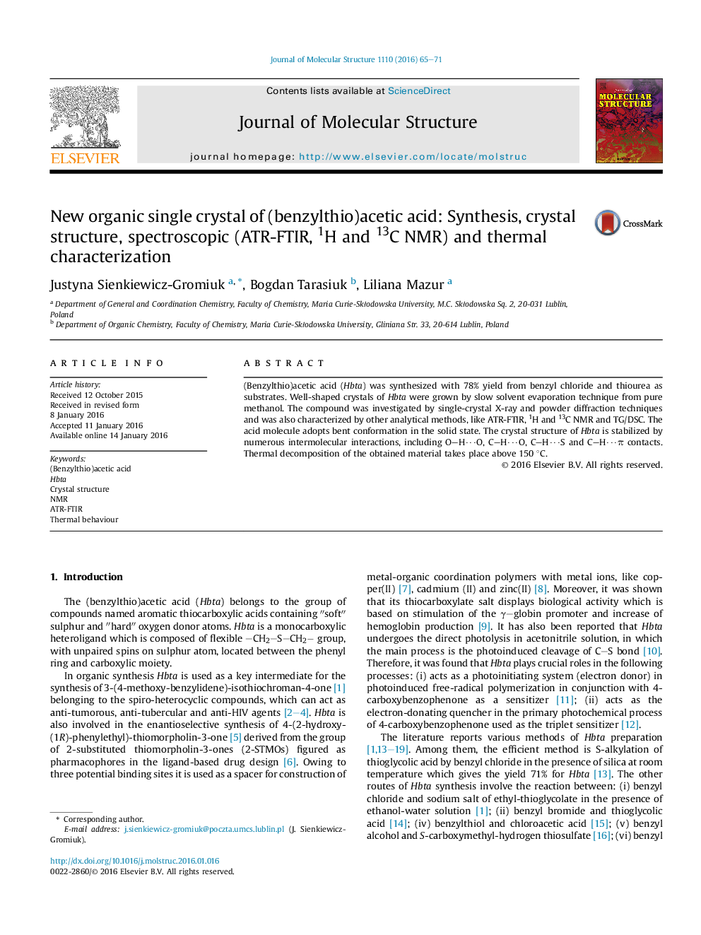 New organic single crystal of (benzylthio)acetic acid: Synthesis, crystal structure, spectroscopic (ATR-FTIR, 1H and 13C NMR) and thermal characterization