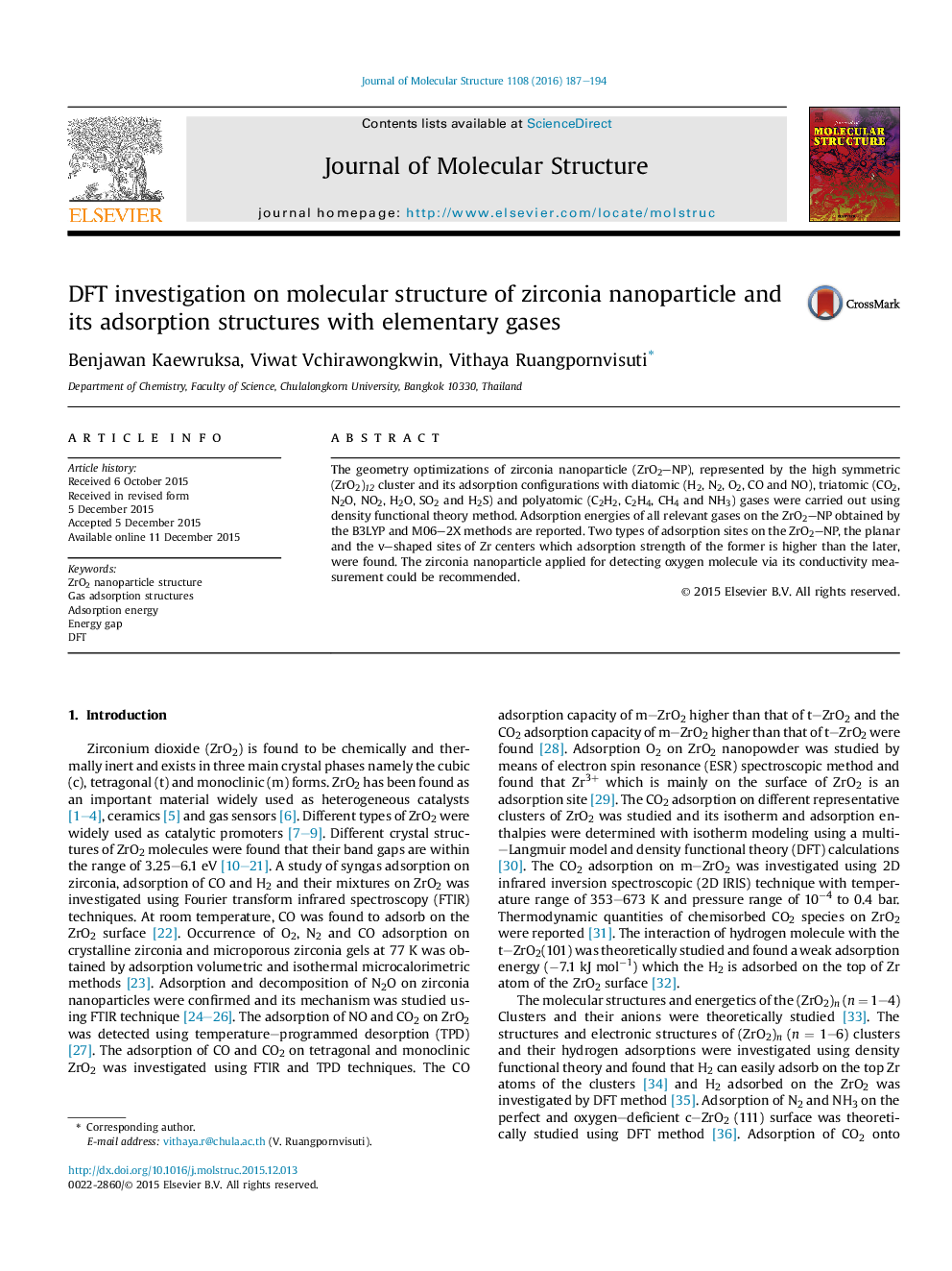 DFT investigation on molecular structure of zirconia nanoparticle and its adsorption structures with elementary gases