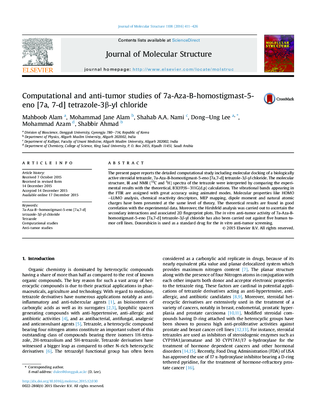 Computational and anti-tumor studies of 7a-Aza-B-homostigmast-5-eno [7a, 7-d] tetrazole-3Î²-yl chloride