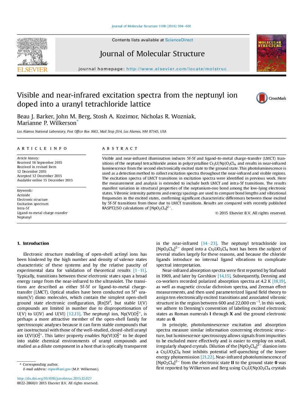 طیف های تحریک پذیری قابل مشاهده و نزدیک به مادون قرمز از یون نپوتونییل که به یک شبکه ی اورانیل تترا کلرید 