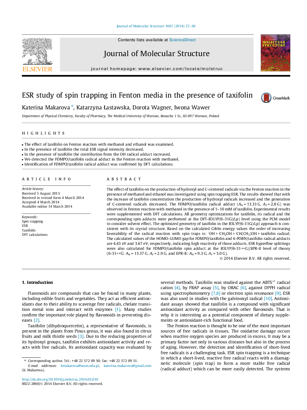 ESR study of spin trapping in Fenton media in the presence of taxifolin