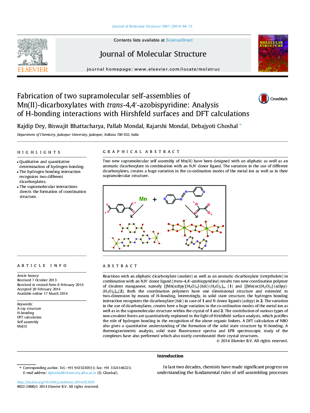 Fabrication of two supramolecular self-assemblies of Mn(II)-dicarboxylates with trans-4,4′-azobispyridine: Analysis of H-bonding interactions with Hirshfeld surfaces and DFT calculations