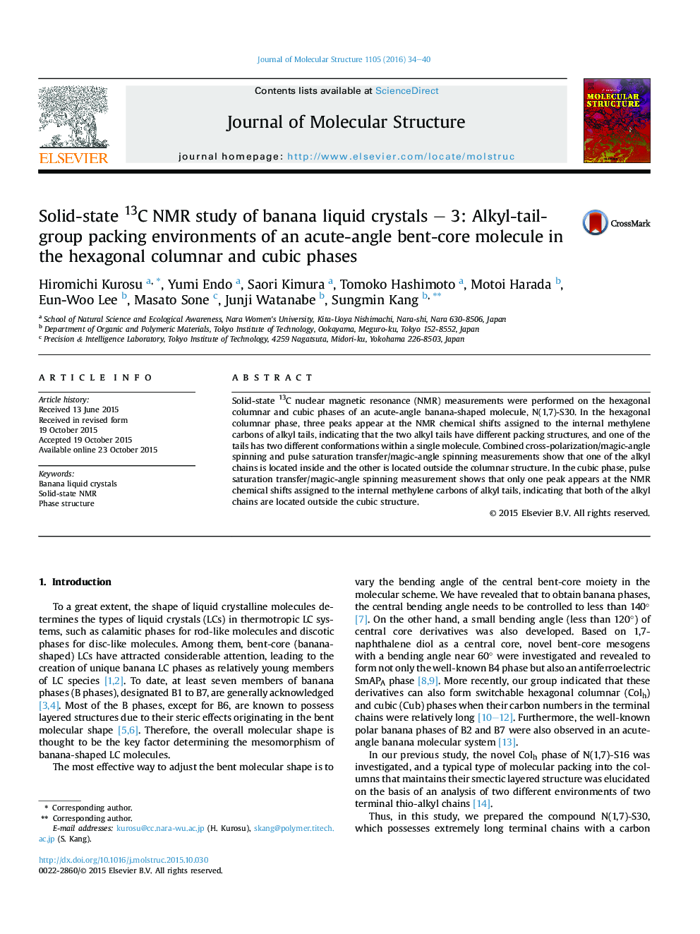 Solid-state 13C NMR study of banana liquid crystals – 3: Alkyl-tail-group packing environments of an acute-angle bent-core molecule in the hexagonal columnar and cubic phases