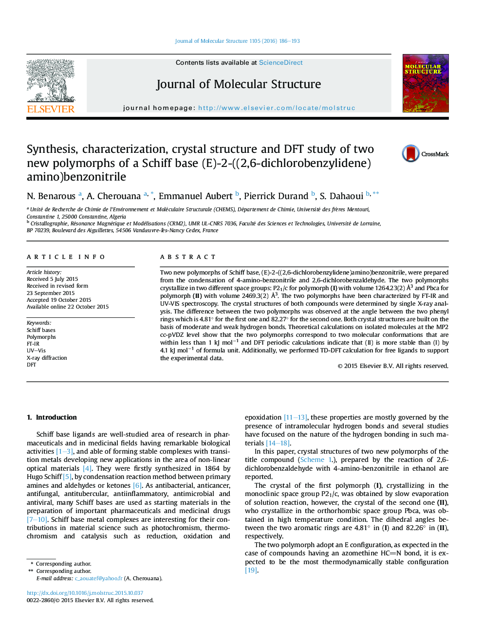 Synthesis, characterization, crystal structure and DFT study of two new polymorphs of a Schiff base (E)-2-((2,6-dichlorobenzylidene)amino)benzonitrile